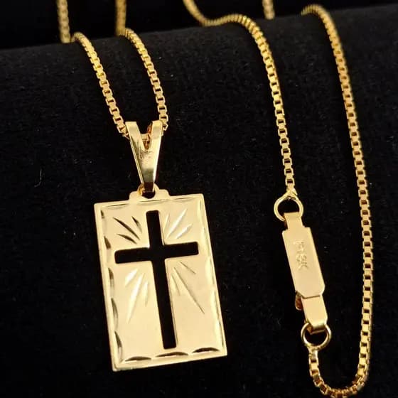Corrente Masculina Veneziana Banhada A Ouro 18k + Pingente Placa Cruz