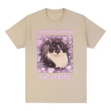 Camiseta Unisex Gato Meme Salve O Meio Ambiente Coma Plástic