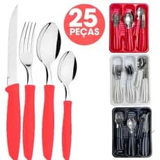 Jogo De Talheres Inox Com 25 Peças + Suporte Gaveteiro Porta Talher