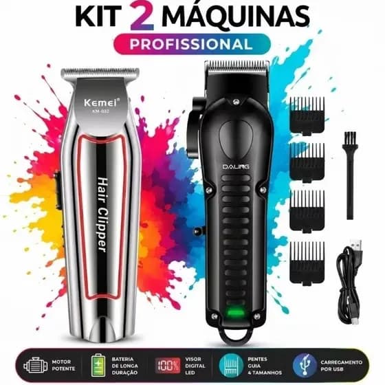 Kit Maquina Profissional de Cortar Cabelo Daling + Maquina Corte Acabamento Kemei 032 Bivolt