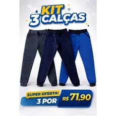 Kit 3 calças de moletom flanelada com punho masculina infantil juvenil 4 ao 16