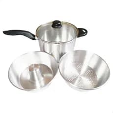 Panela Alumínio 3 Em 1 Vapor Escorredor Pudim Banho Maria Tampa Vidro Cozimento Legumes Extra Forte