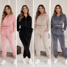 Conjunto Feminino Plush Peluciado  Forrado Cropped Com Capuz e Calça Jogger
