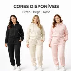Conjunto Moletom Feminino Flanelado Forrado Felpudo Quentinho Com Capuz e Zíper Casual Blogueira