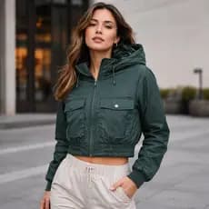 Jaqueta Feminina PU Cropped Impermeável com Capuz Removível Peluciado Inverno
