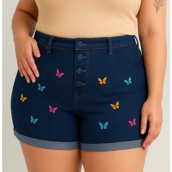 SHORT JEANS LYCRA PLUS SIZE FEMININA BORDADO CINTURA ALTA BOTÃO ENCAPADO PREMIUM TENDENCIA 20026