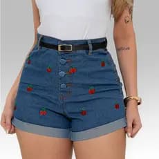 Short Jeans lycra feminina  cintura alta botão encapado cinto