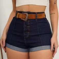 Short Jeans lycra feminina  cintura alta botão encapado cinto
