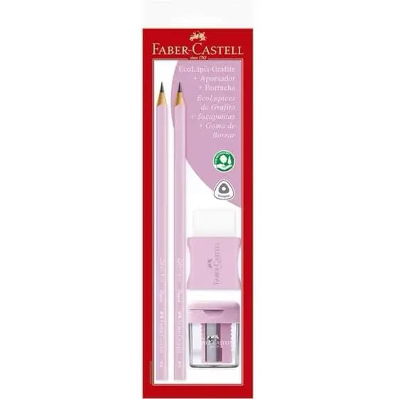 Kit Faber Castell Lápis 2b + Apontador + Borracha Tom Pastel Volta As Aulas
