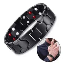 Pulseira Magnética Aço Inox Prata Filetes Ouro 18k