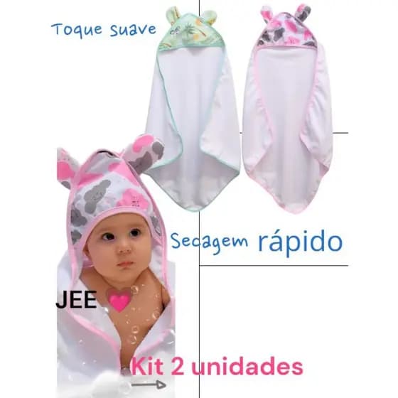 KIT DE TOALHAS CAPUZ COM ORELHAS MACIA 2 ITENS SECAGEM RÁPIDO