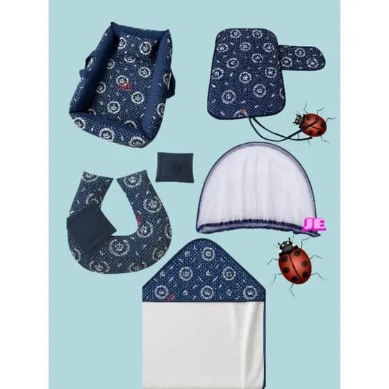 Kit Enxoval Bebê Completo Joaninha Azul Marinho | Ninho Redutor + Toalha Capuz + Trocador + Almofada Amamentação
