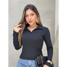 Blusa Polo Feminina manga longa canelada premium tendencia casual outono inverno