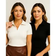 Camiseta Gola Polo Feminina Malha Canelada  Moda  Casual Trabalho
