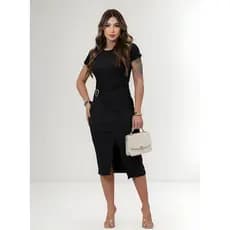 Vestido Midi Canelado Casual Manga Curta Feminino Com Detalhe