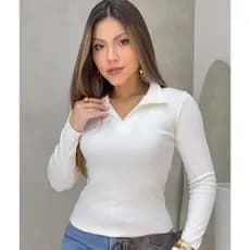 Blusa Feminina Canelada Manga Longa Gola Polo Básica Inverno