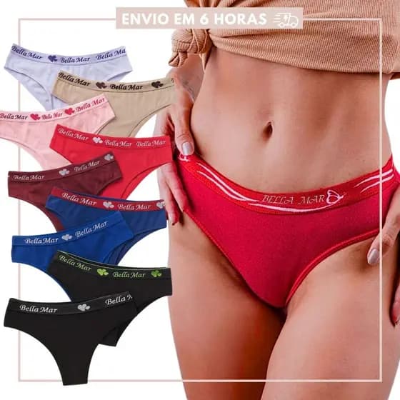 Kit com 12 Calcinhas Tanga Algodão Elastico Exposto Cotton