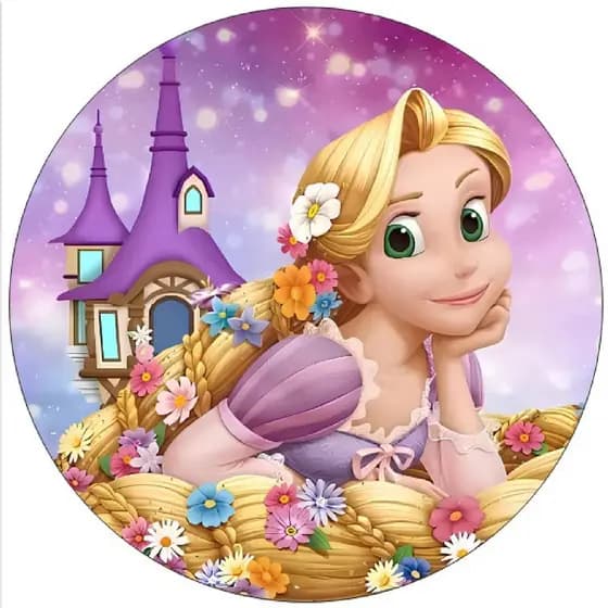 Painel Redondo Tecido Sublimado Enrolados Rapunzel 50cmx50cm