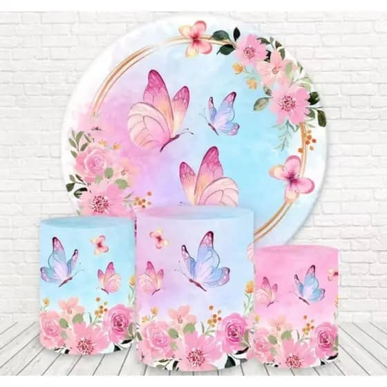 Kit Capa Painel Pegue e Monte Redondo Festa + Trio de Cilindros Veste Fácil Aniversário Borboleta Desenho Meninas