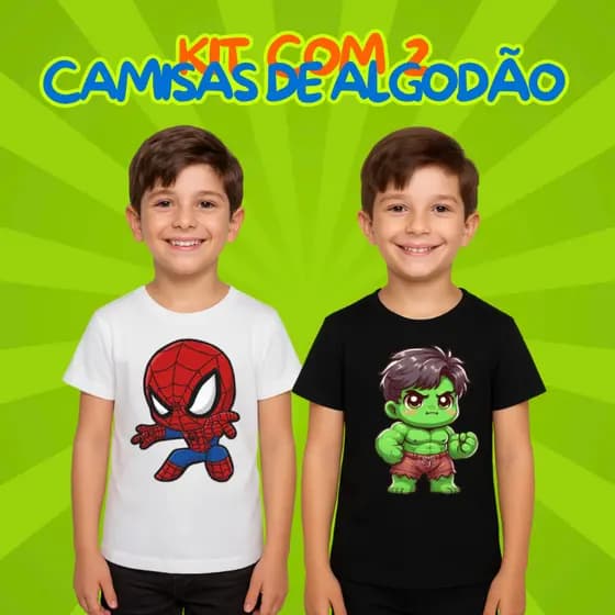 Kit 2 Camisetas Infantil Meninos Algodão do Tamanho 2 ao 8 Roupas Meninos Super Heróis