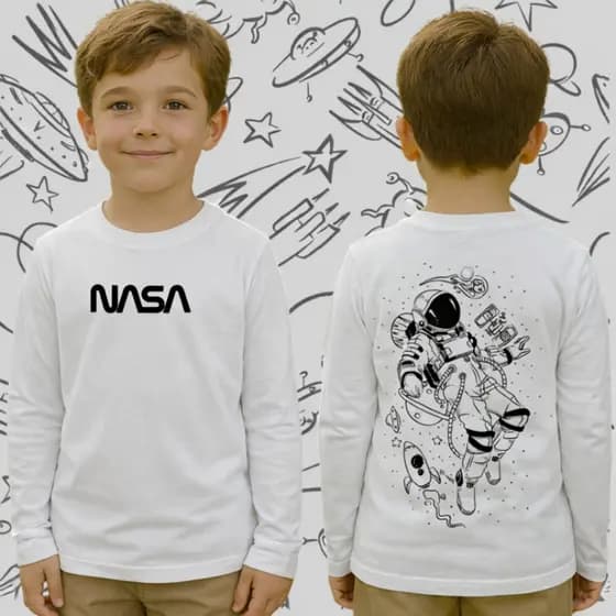 Camiseta Infantil Astronauta NASA manga longa Algodão Leve 2-14 Anos