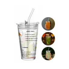Copo de Vidro 450ml com Tampa Plástica e Canudo Reutilizável com Estampa de Receitas de Drinks