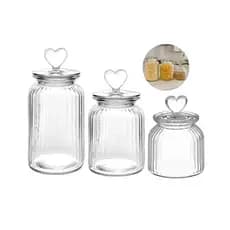 Kit 3 Potes de Vidro com Tampa Coração Presente Ideal para Casa Nova, Noivado ou Decoração Romântica