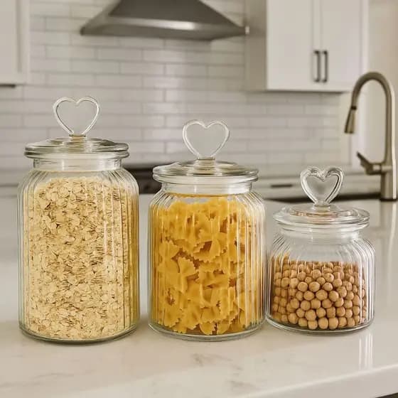 Potes Herméticos de Vidro com Tampa em Coração – Armazene com Segurança e Decore com Delicadeza