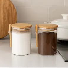 Kit com 2 Potes Herméticos de Vidro Borossilicato 450ml com Tampa e Colher de Bambu Decorativa Café Açúcar Mesa Posta
