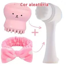 KIT  SkinCare Escova de limpeza Facial 2em1+ Esponjinha massageadora Polvo Faixa de Cabeça Touca