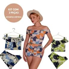 Kit 3 conjunto babado estampas tropical verão conjunto tendência feminino básico