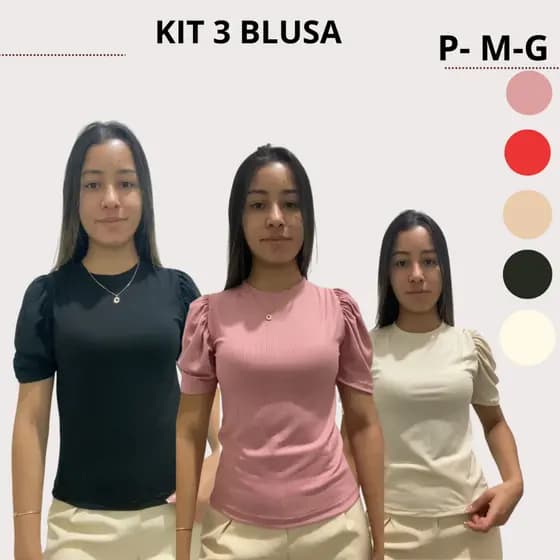 kit 3 blusa canelada blusa de manga curta blusa manga princesa blusa feminina blusa caneladinho blusa dia dia