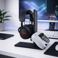 Suporte Gamer 2 em 1 para Headset e Controle PS5 / Xbox | Organizador de Mesa Premium