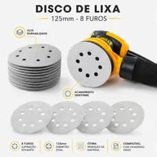 Kit com 50 UN Discos de Lixa para Lixadeira Roquite Pluma Branco Escolha o Grão 125mm 8 Furos Rokite