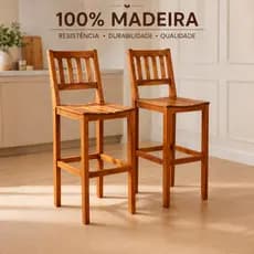 Kit Banquetas de Madeira Maciça com Encosto 112cm para Bar e Área Gourmet Design Moderno