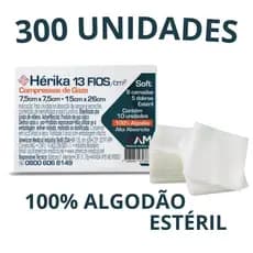 Compressa de Gaze Esteril Hérika Hidrófila 300 Unidades de Gaze Esteril 13 Fios -7,5x7,5cm - 15x26cm