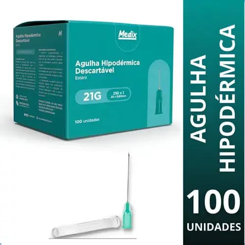 Agulha HiPodérmica 25x0,8mm 21g Estéril Verde Cx 100un Medix