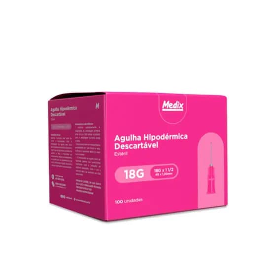 Agulha HiPodérmica 40x1,2mm 18gx1 1/2 Estéril Cx 100un Medix