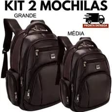 Kit 02 Mochilas Bolsa de Couro Média e Grande Unissex Trabalho Viagem Marrom