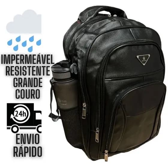 Bolsa Mochila Couro Universitária Unissex Grande Reforçada Cabo de Aço Média e Grande Preta e Marrom