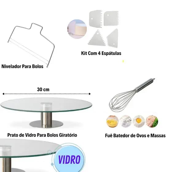 Kit Confeitaria Com Bailarina de Vidro 30cm + Nivelador + Kit 4 Espatulas + Fuê