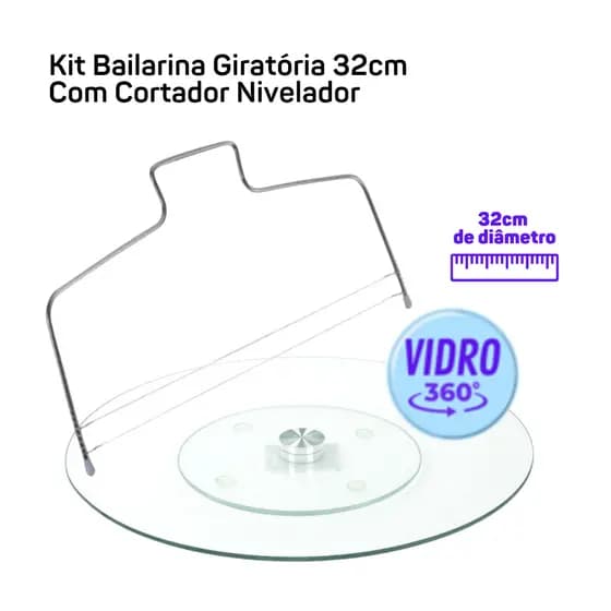 Bailarina de Vidro Giratória Para Confeitar Decorar 32 cm Com Nivelador Fatiador Cortador De Bolos Camada