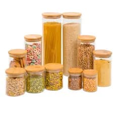 Kit 11 potes de vidro com tampa de bambu herméticos redondos - Tüd
