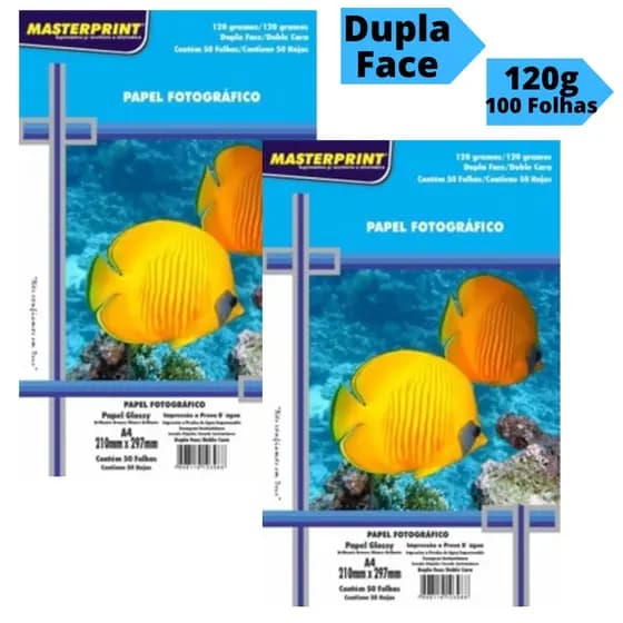 Papel Fotográfico Dupla face Foto 120g A4 Glossy Brilhante Resistente a Água 100 Folhas Masterprint