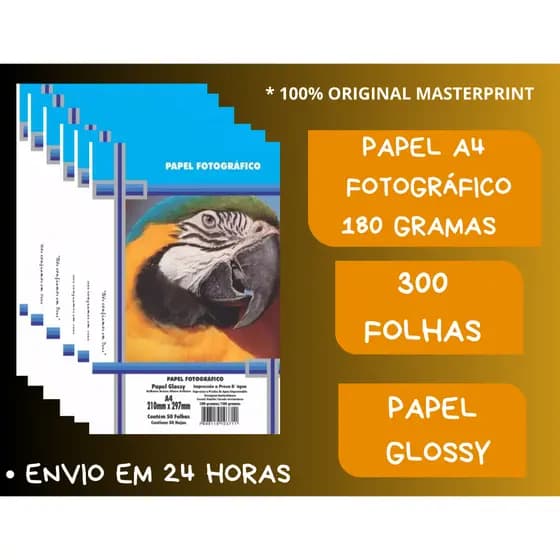 Papel Fotográfico Foto 180g A4 Glossy Brilhante Resistente a Água 300 Folhas Masterprint