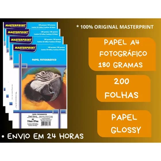 200 Folhas De Papel Fotografico 180g Glossy Brilho A4 Masterprint