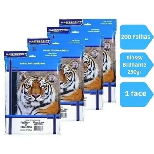 Papel Fotográfico 230g A4 Glossy Premium Brilho 200 Folhas Masterprint
