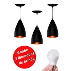 Luminaria Pendentes Kit de 3 Vegas Preto Bronze Com Lampada Inclusa Decoração De Teto Para Sala