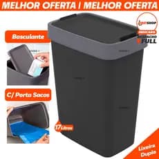 Lixeira Com Tampa Basculante Dupla Abertura e Porta Saco de Lixo Plástico 17 Litros Organiza Cozinha Escritório Multiuso