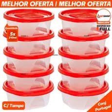 Kit 5 Potes Plástico 210ml Conjunto de Pote Linha Portugal Jaguar Organizador de Geladeira c/ Tampa Freezer e Microondas